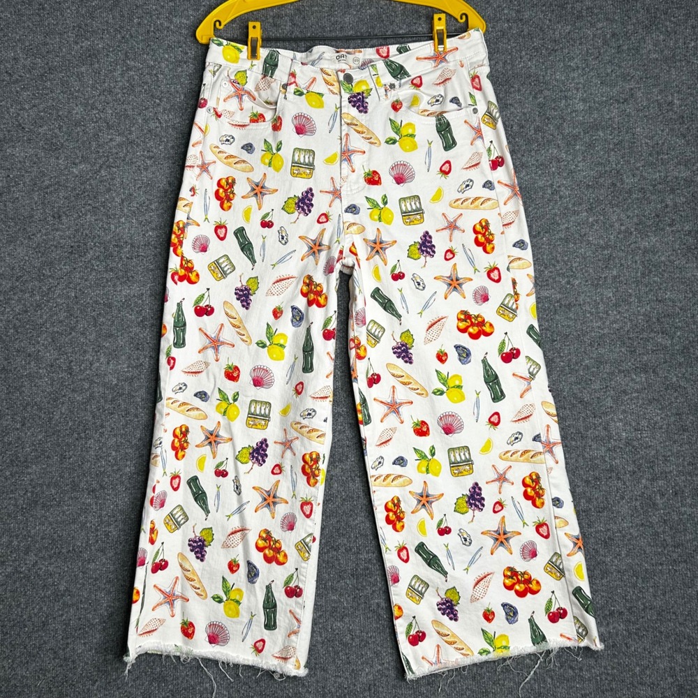 OAT New York Food Print Wide Leg Jeans White Mediterranean Novelty Size 12/31